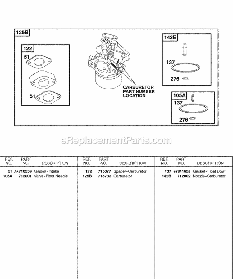 Carburetor Diagram and Parts List for 247437-0111-B1  Briggs and Stratton Engine